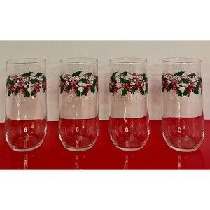 Set of 4 Glass Christmas Tumbler (s) CANDY CANE and HOLLY